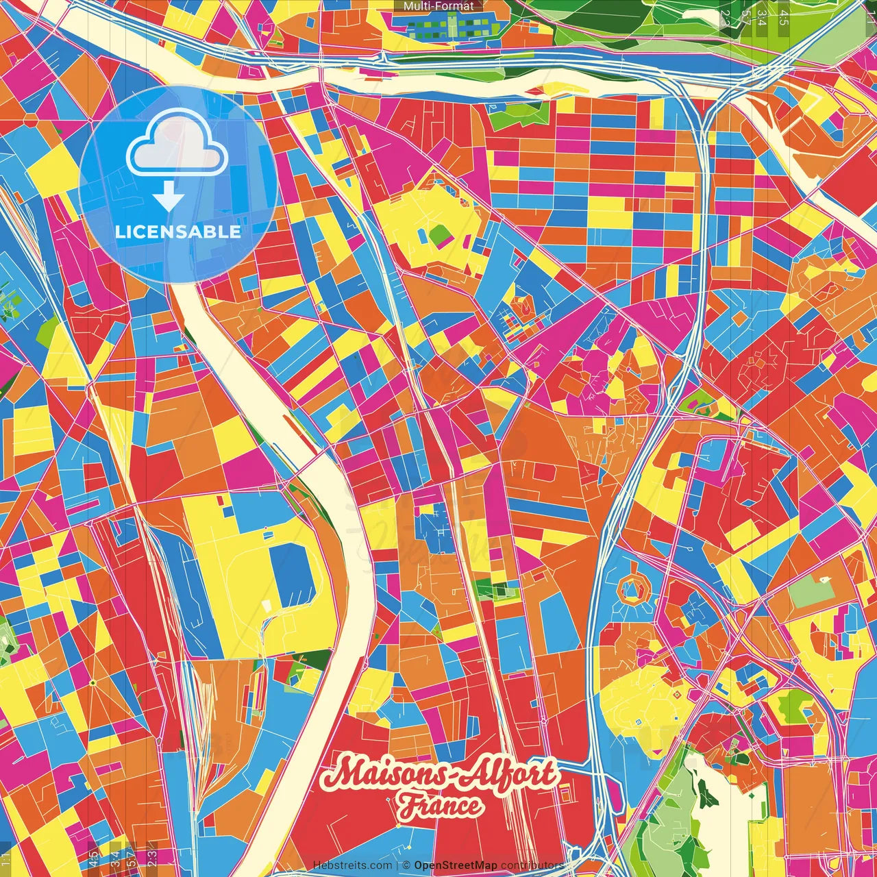 Maisons-Alfort, Val-de-Marne, France Crazy Colorful Street Map Poster Template