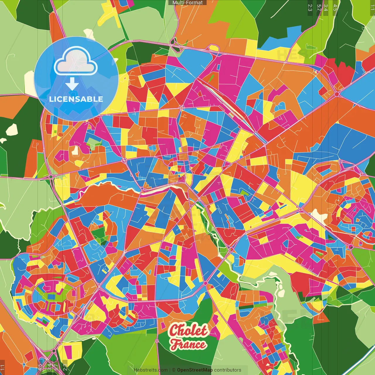 Cholet, Maine-et-Loire, France Crazy Colorful Street Map Poster Template