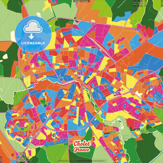 Cholet, Maine-et-Loire, France Crazy Colorful Street Map Poster Template
