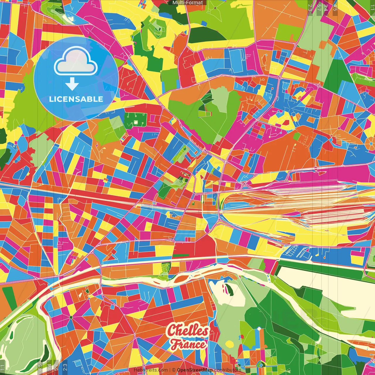 Chelles, Seine-et-Marne, France Crazy Colorful Street Map Poster Template
