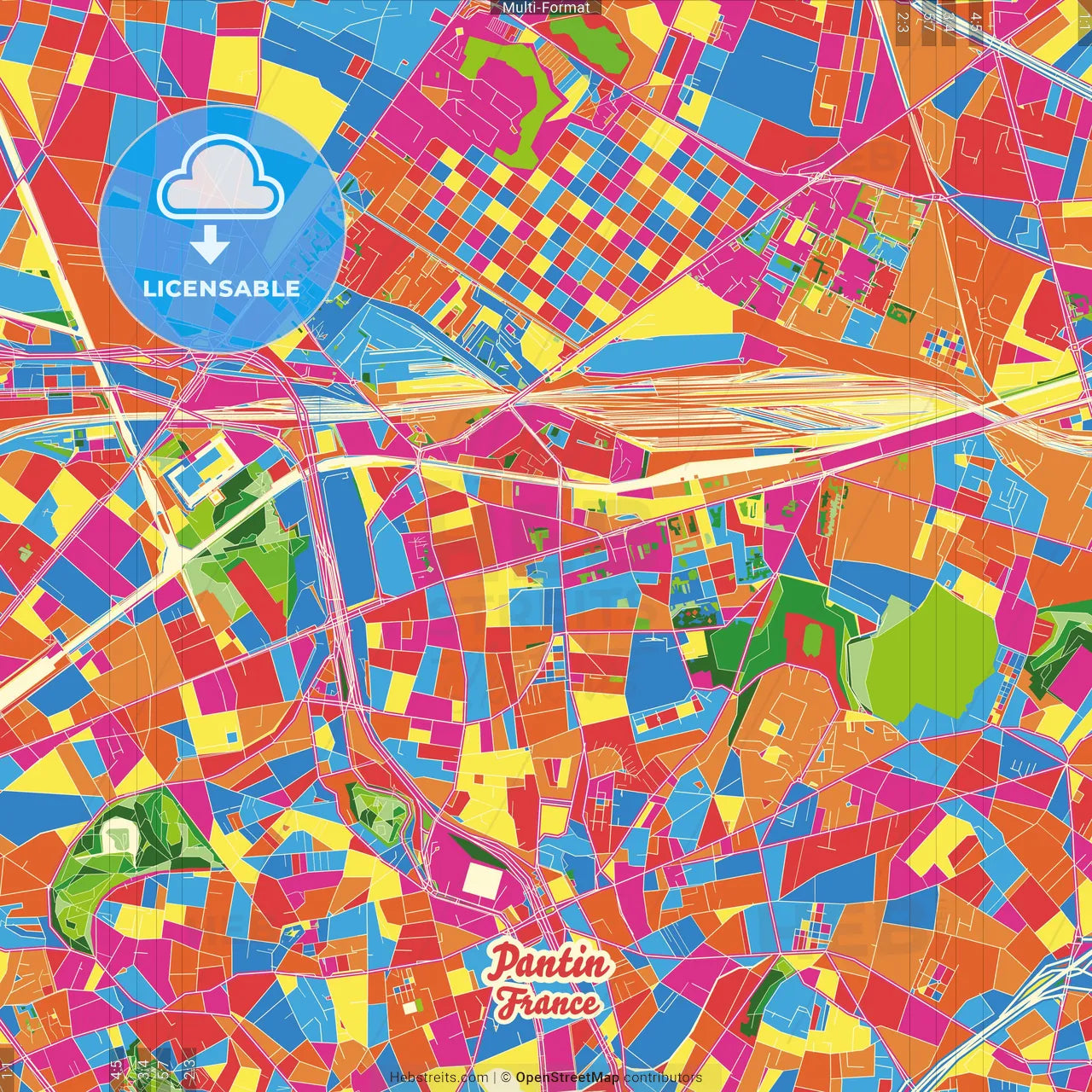 Pantin, Seine-Saint-Denis, France Crazy Colorful Street Map Poster Template
