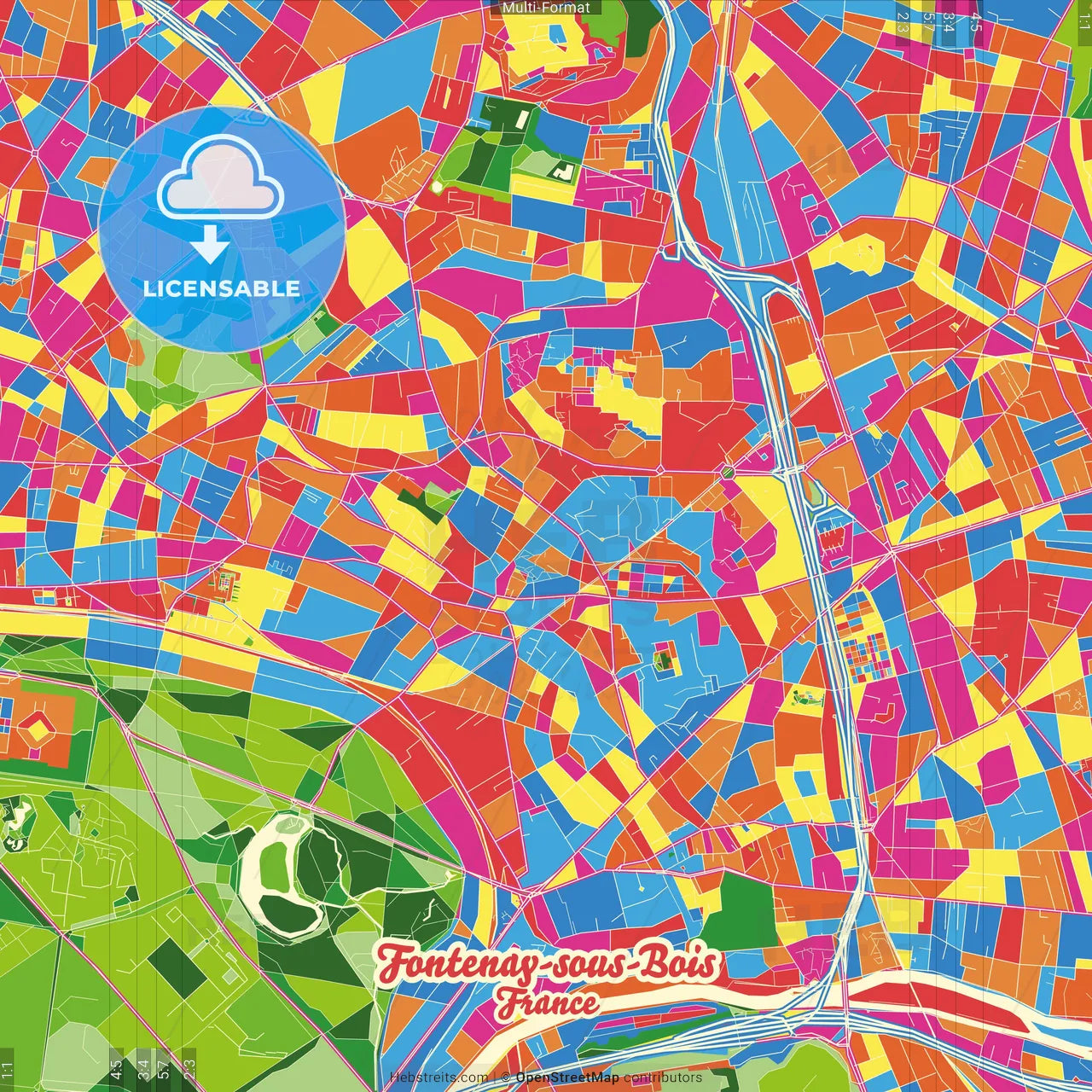 Fontenay-sous-Bois, Val-de-Marne, France Crazy Colorful Street Map Poster Template