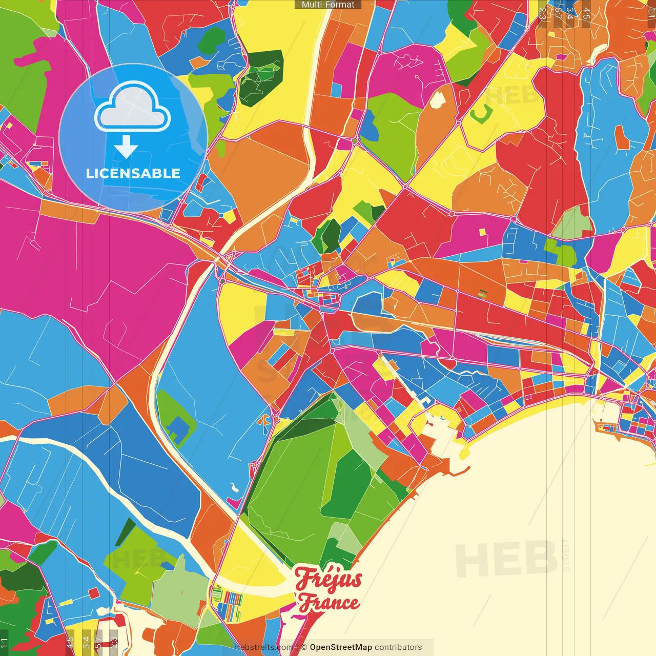 Fréjus, Var, France Crazy Colorful Street Map Poster Template