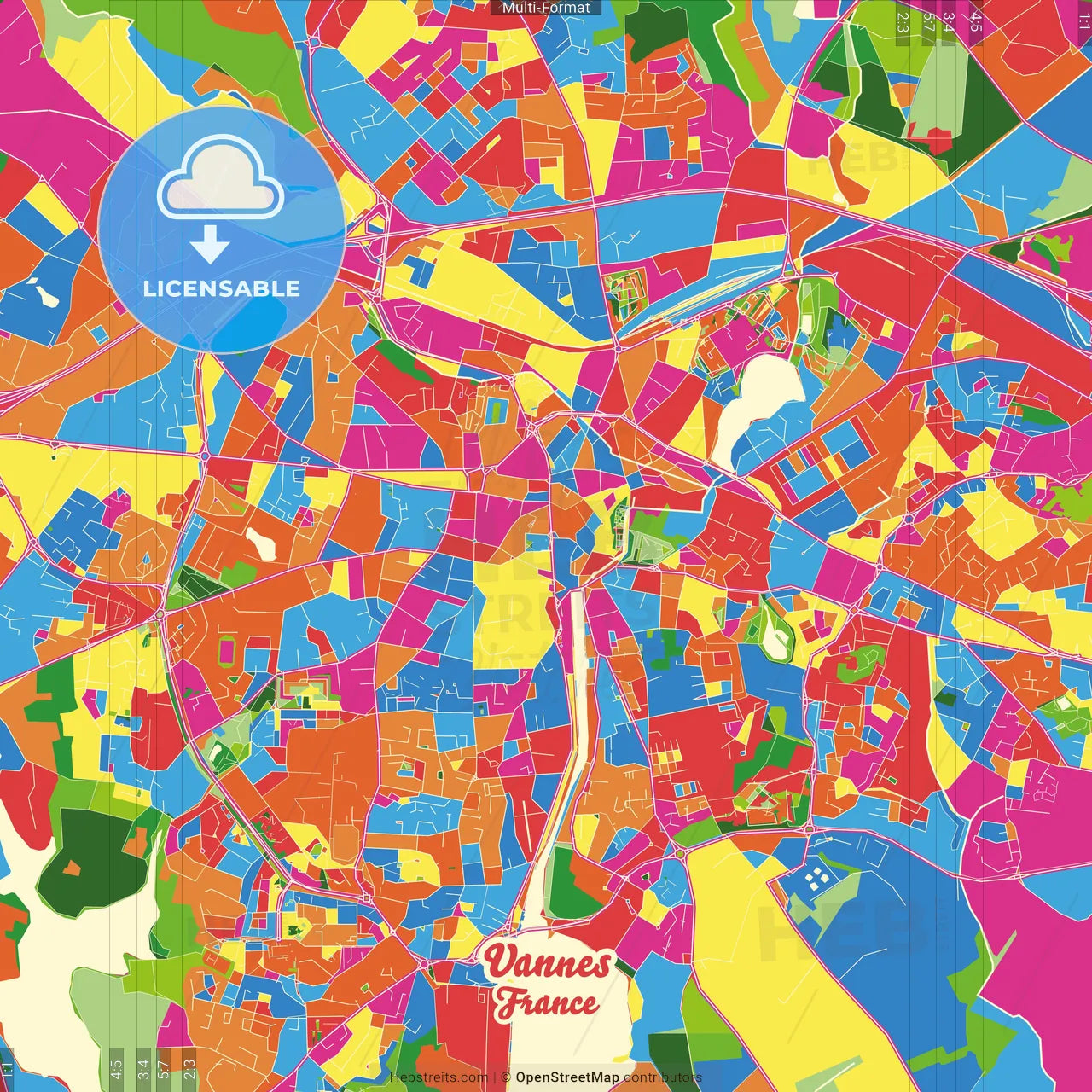 Vannes, Morbihan, France Crazy Colorful Street Map Poster Template