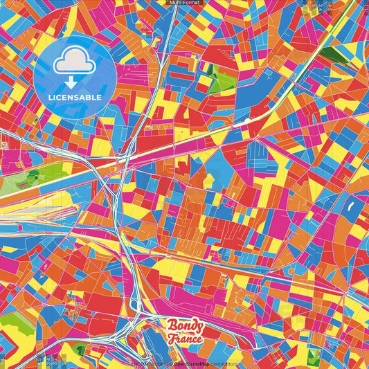 Bondy, Seine-Saint-Denis, France Crazy Colorful Street Map Poster Template