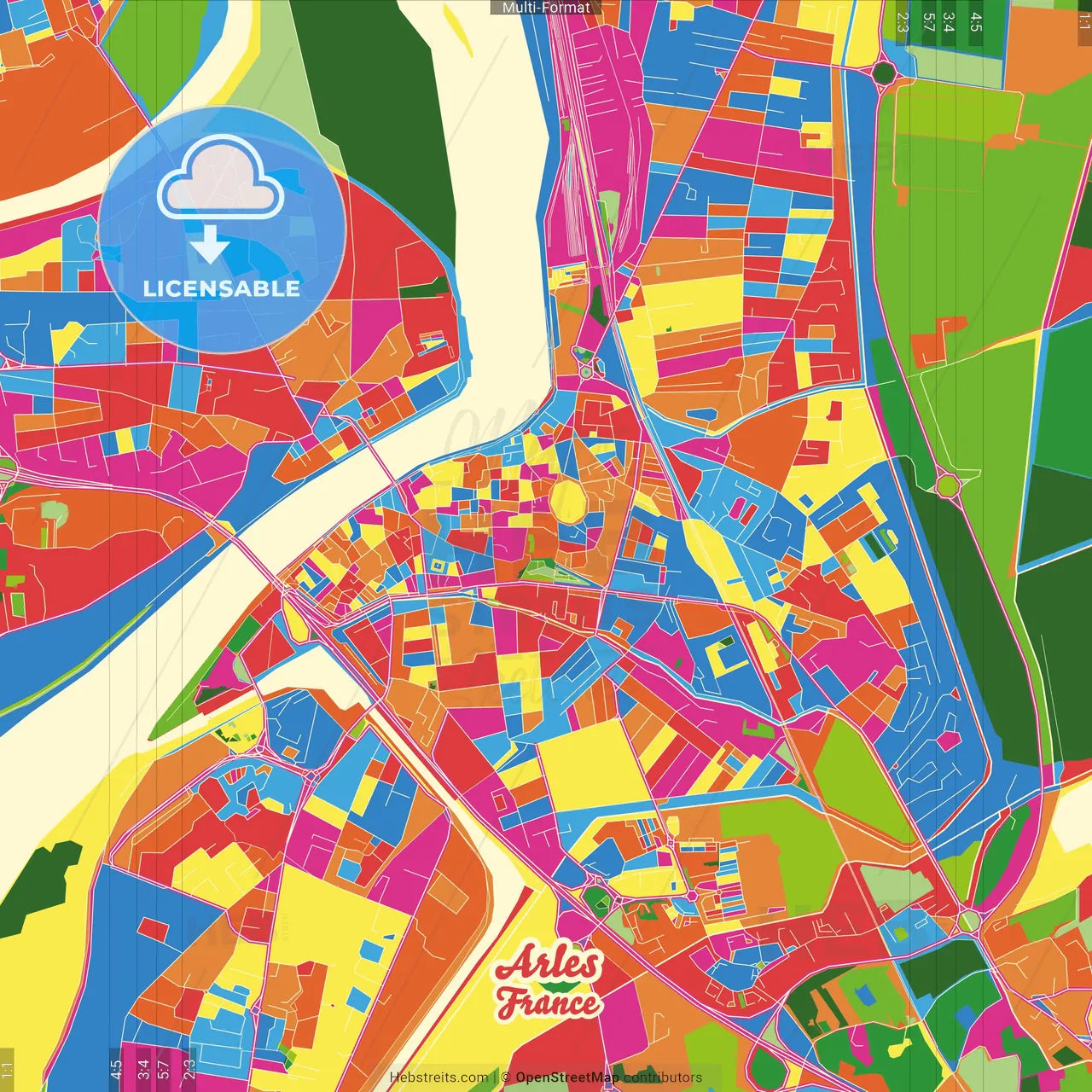 Arles, Bouches-du-Rhône, France Crazy Colorful Street Map Poster Template