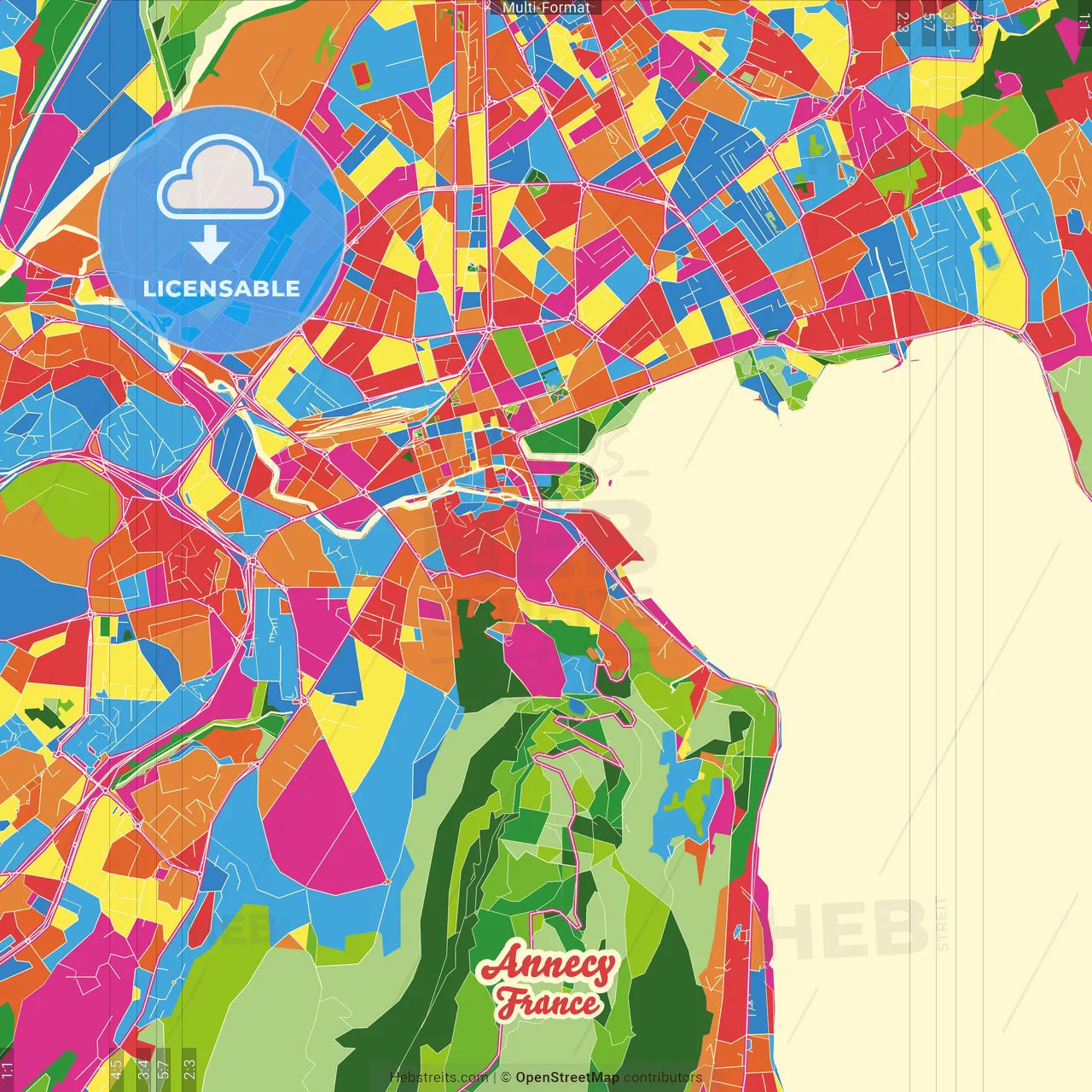 Annecy, Haute-Savoie, France Crazy Colorful Street Map Poster Template