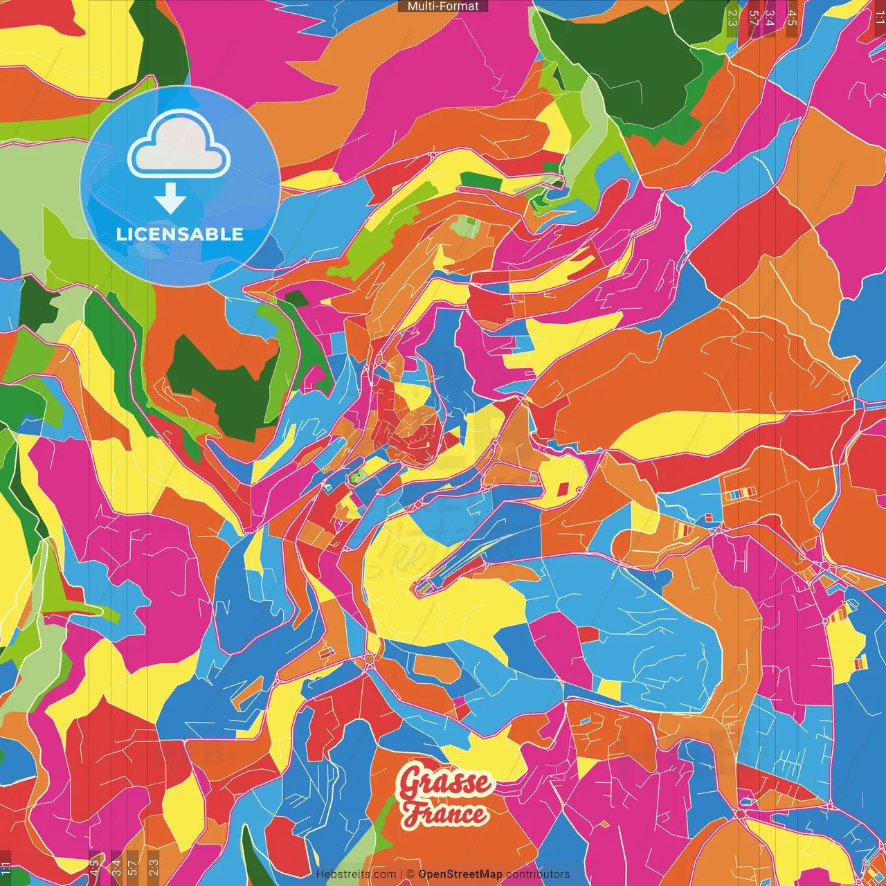 Grasse, Alpes-Maritimes, France Crazy Colorful Street Map Poster Template