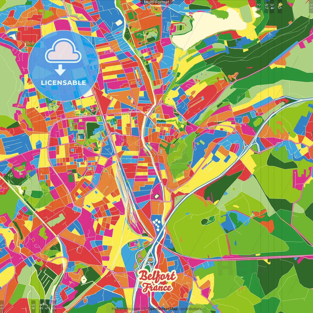 Belfort, Territoire de Belfort, France Crazy Colorful Street Map Poster Template