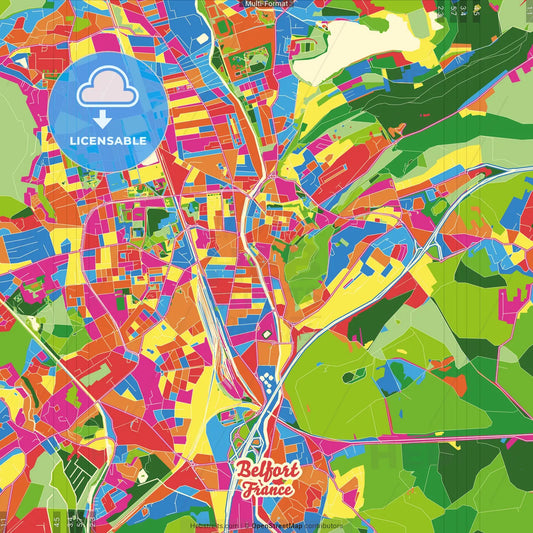 Belfort, Territoire de Belfort, France Crazy Colorful Street Map Poster Template
