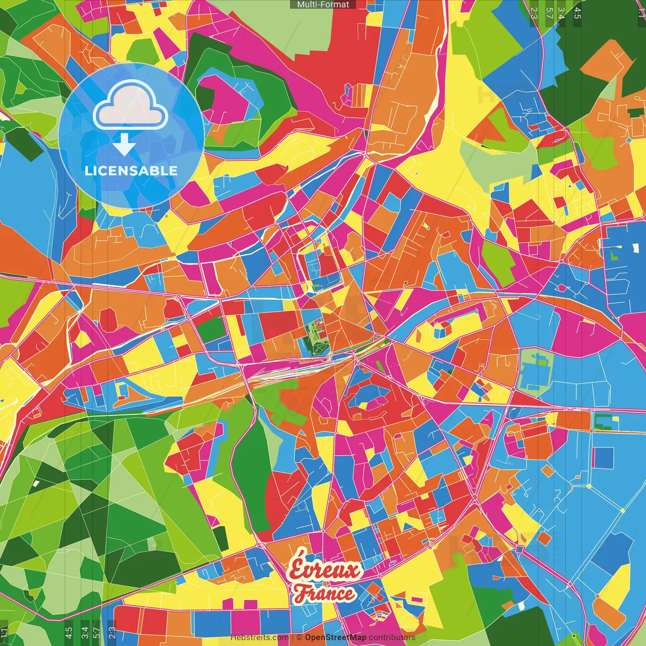 Évreux, Eure, France Crazy Colorful Street Map Poster Template