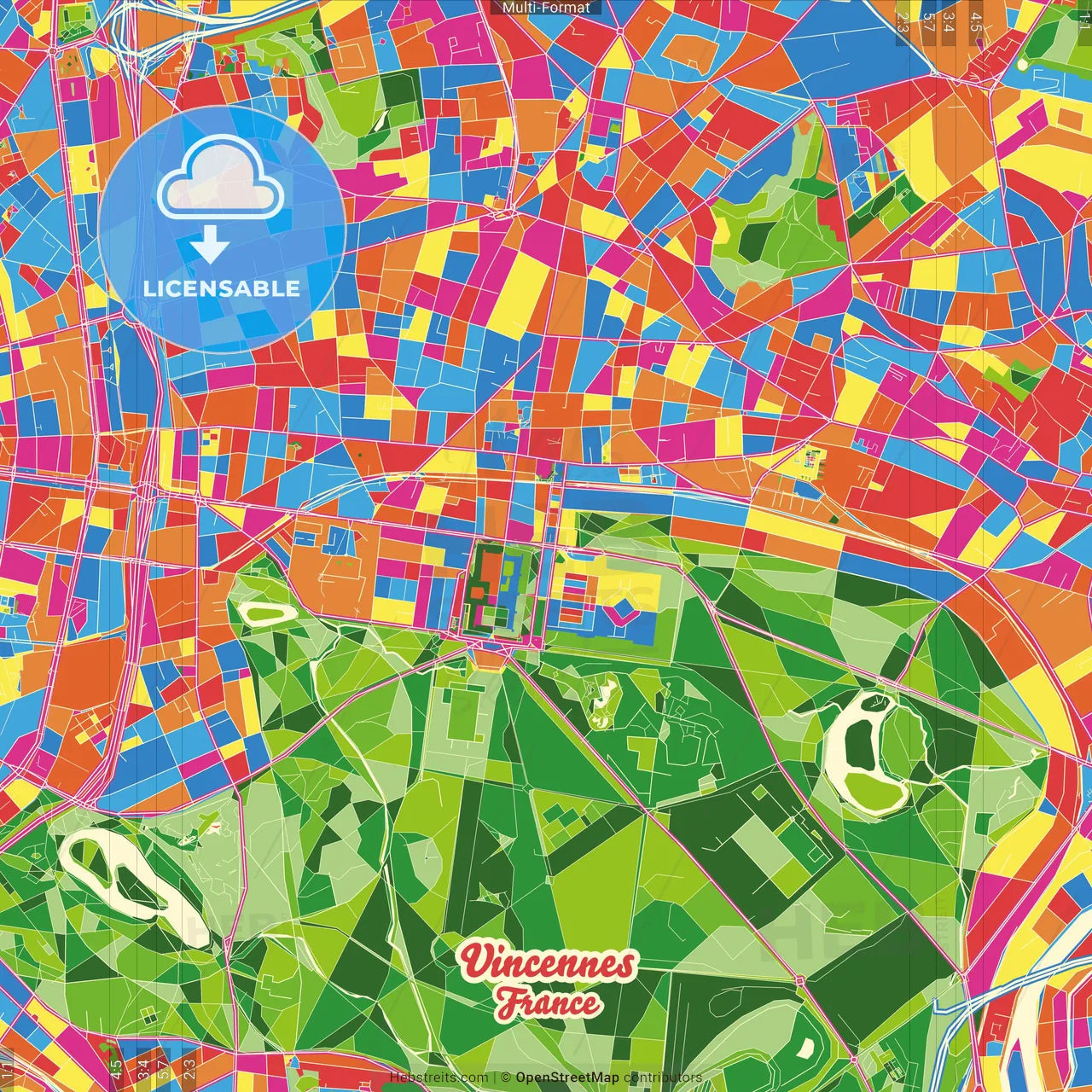 Vincennes, Val-de-Marne, France Crazy Colorful Street Map Poster Template