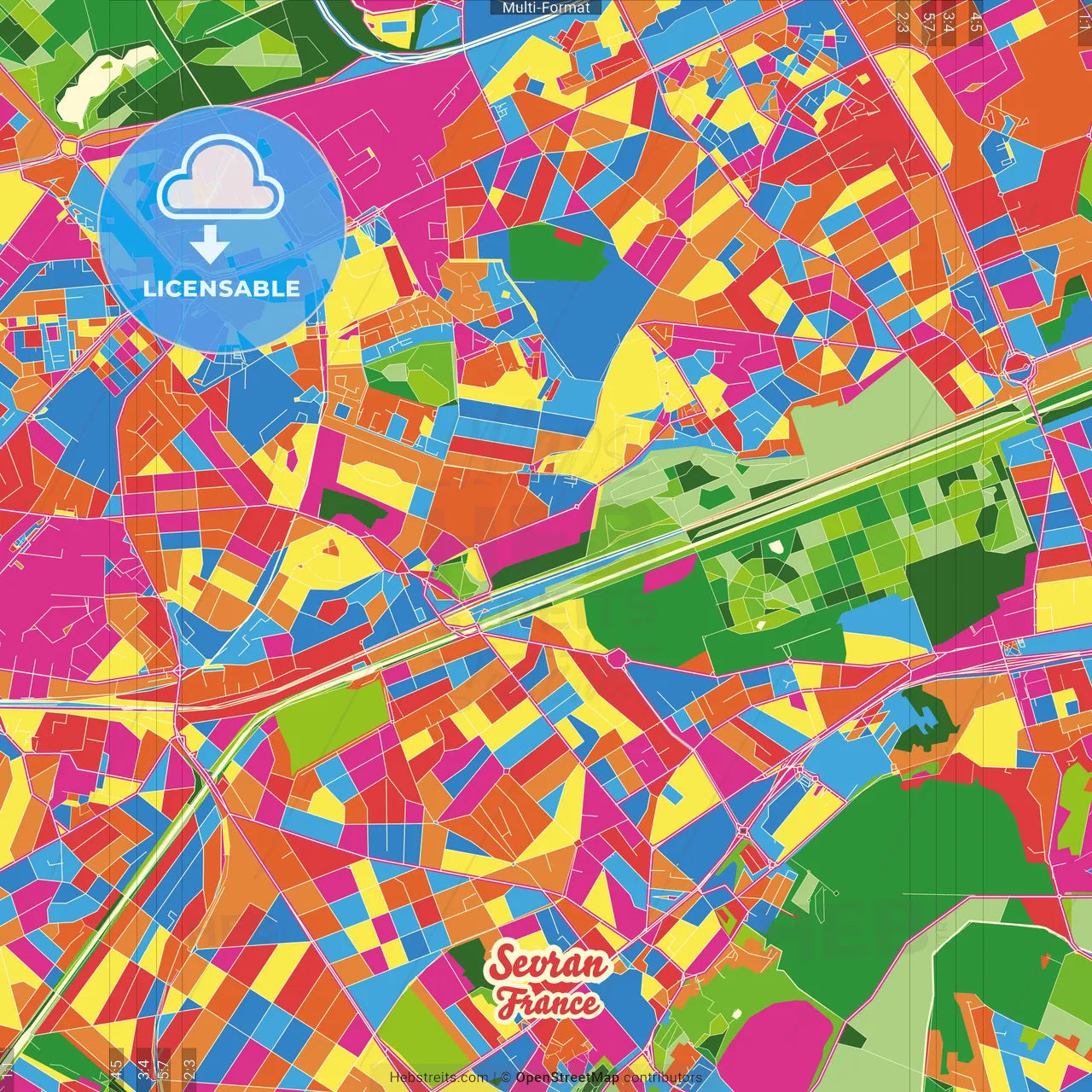 Sevran, Seine-Saint-Denis, France Crazy Colorful Street Map Poster Template
