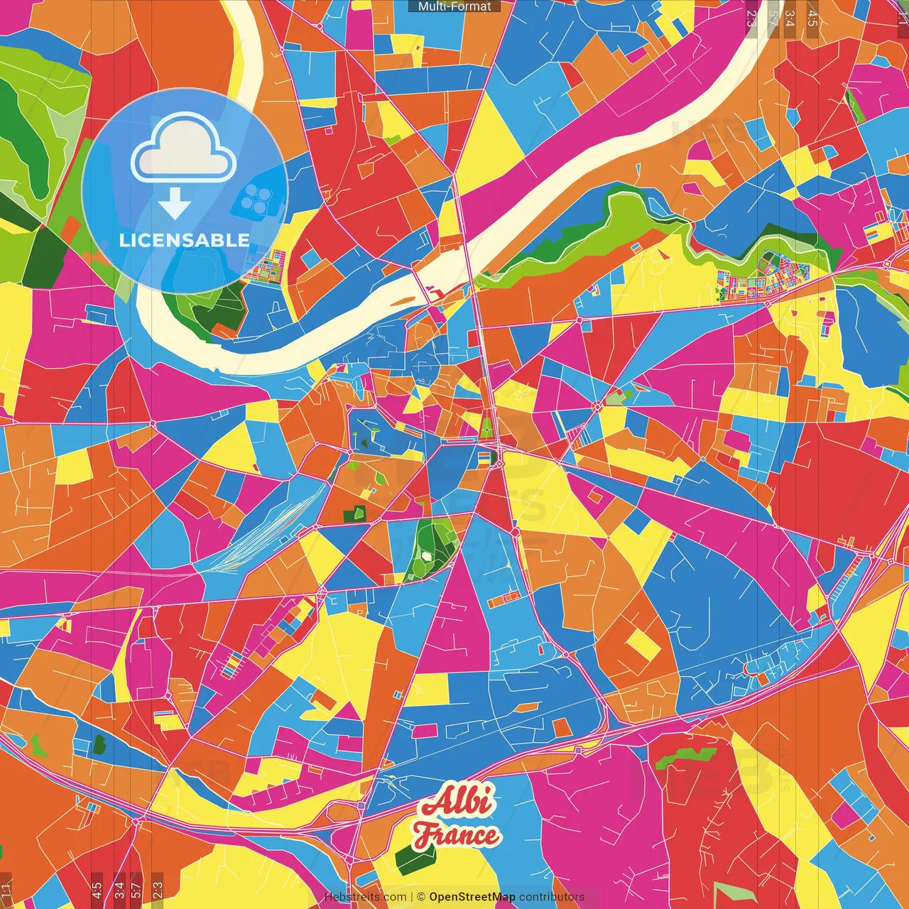 Albi, Tarn, France Crazy Colorful Street Map Poster Template