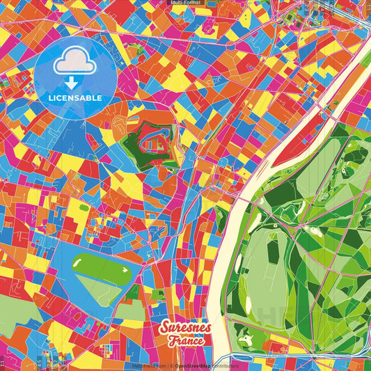 Suresnes, Hauts-de-Seine, France Crazy Colorful Street Map Poster Template