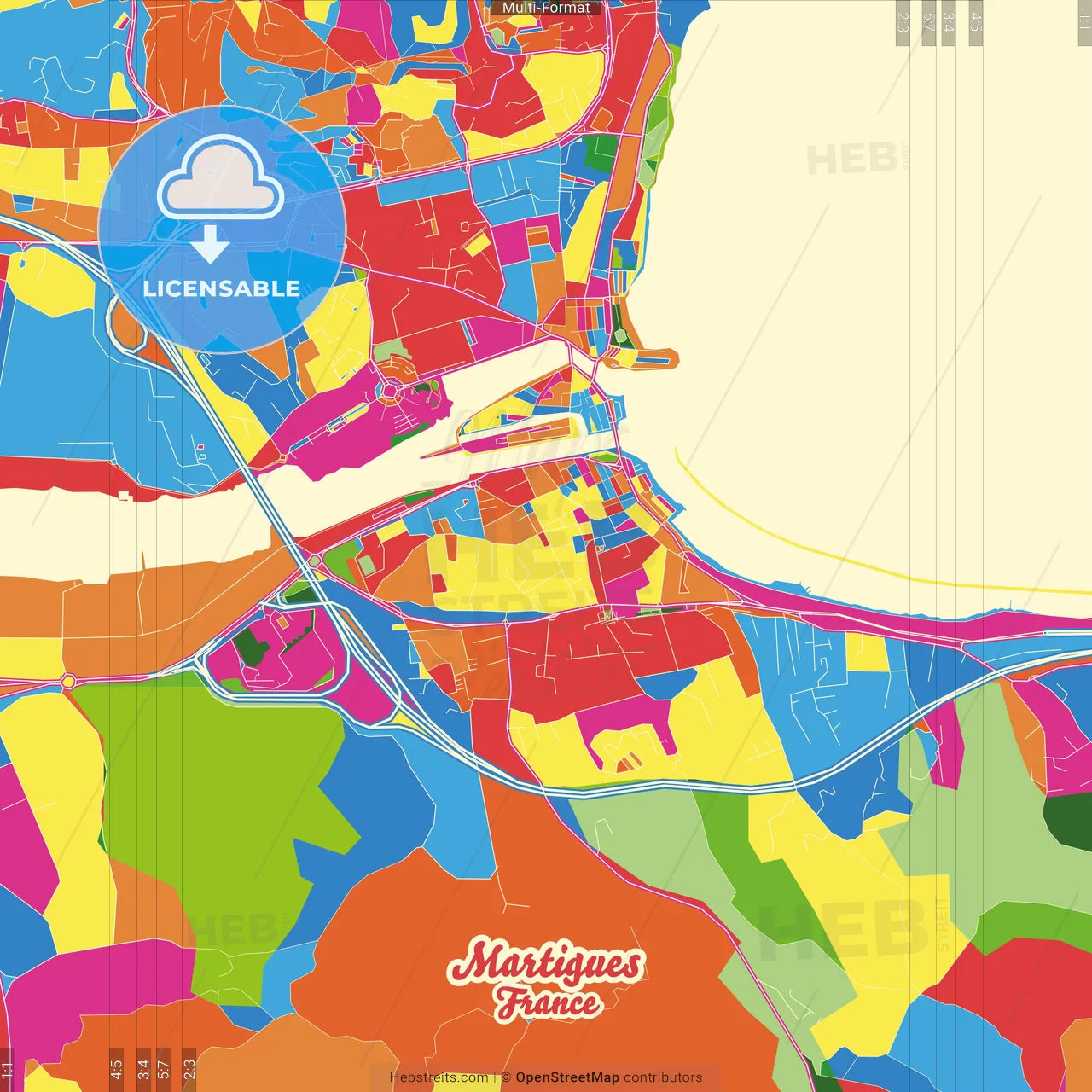 Martigues, Bouches-du-Rhône, France Crazy Colorful Street Map Poster Template
