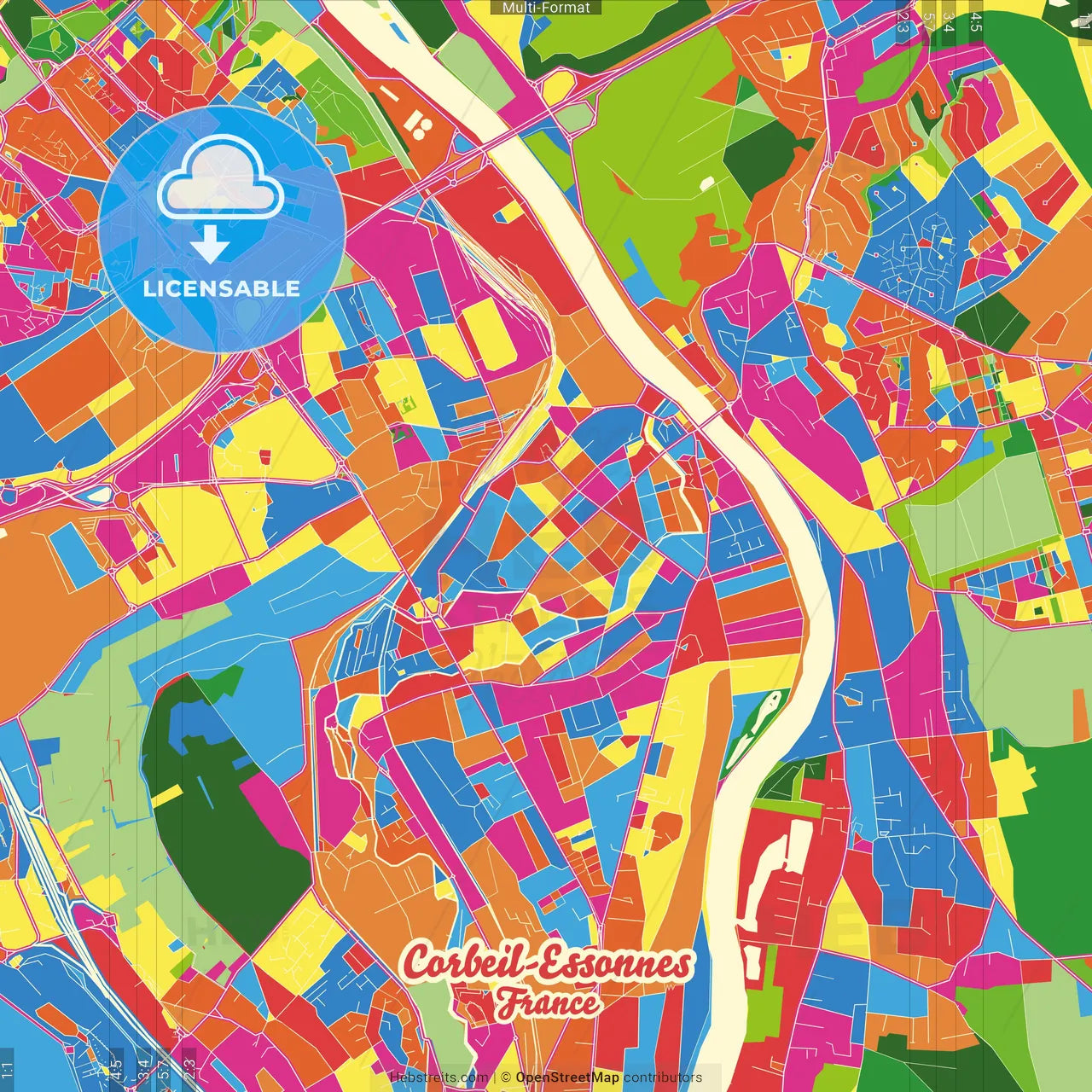 Corbeil-Essonnes, Essonne, France Crazy Colorful Street Map Poster Template