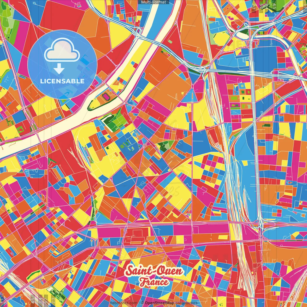 Saint-Ouen, Seine-Saint-Denis, France Crazy Colorful Street Map Poster Template