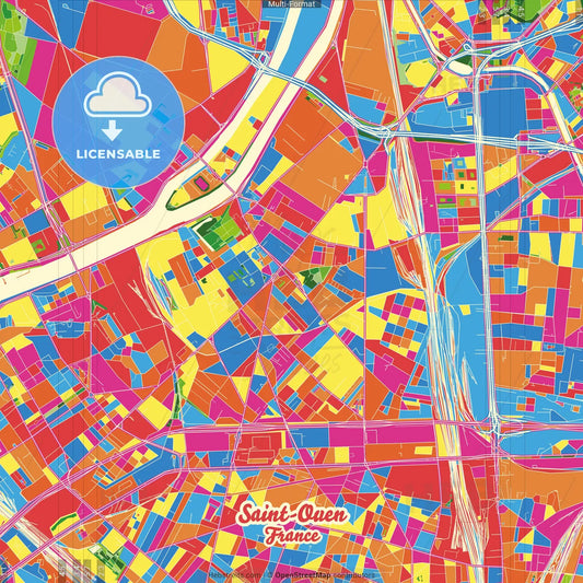 Saint-Ouen, Seine-Saint-Denis, France Crazy Colorful Street Map Poster Template
