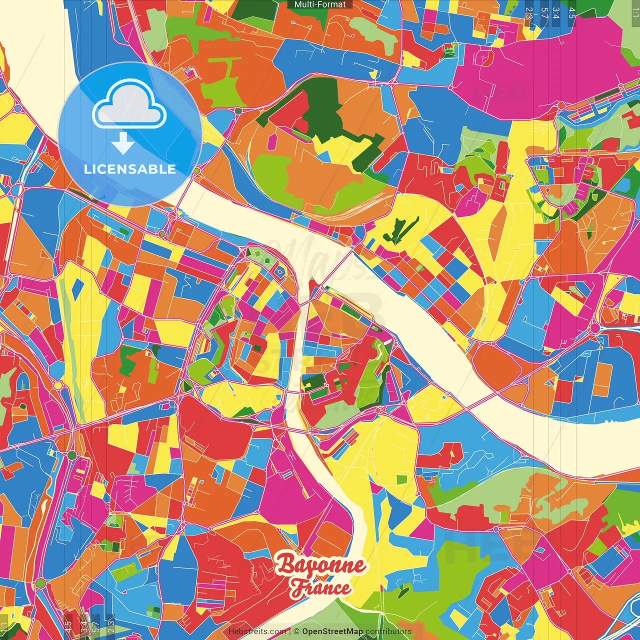 Bayonne, Pyrénées-Atlantiques, France Crazy Colorful Street Map Poster Template