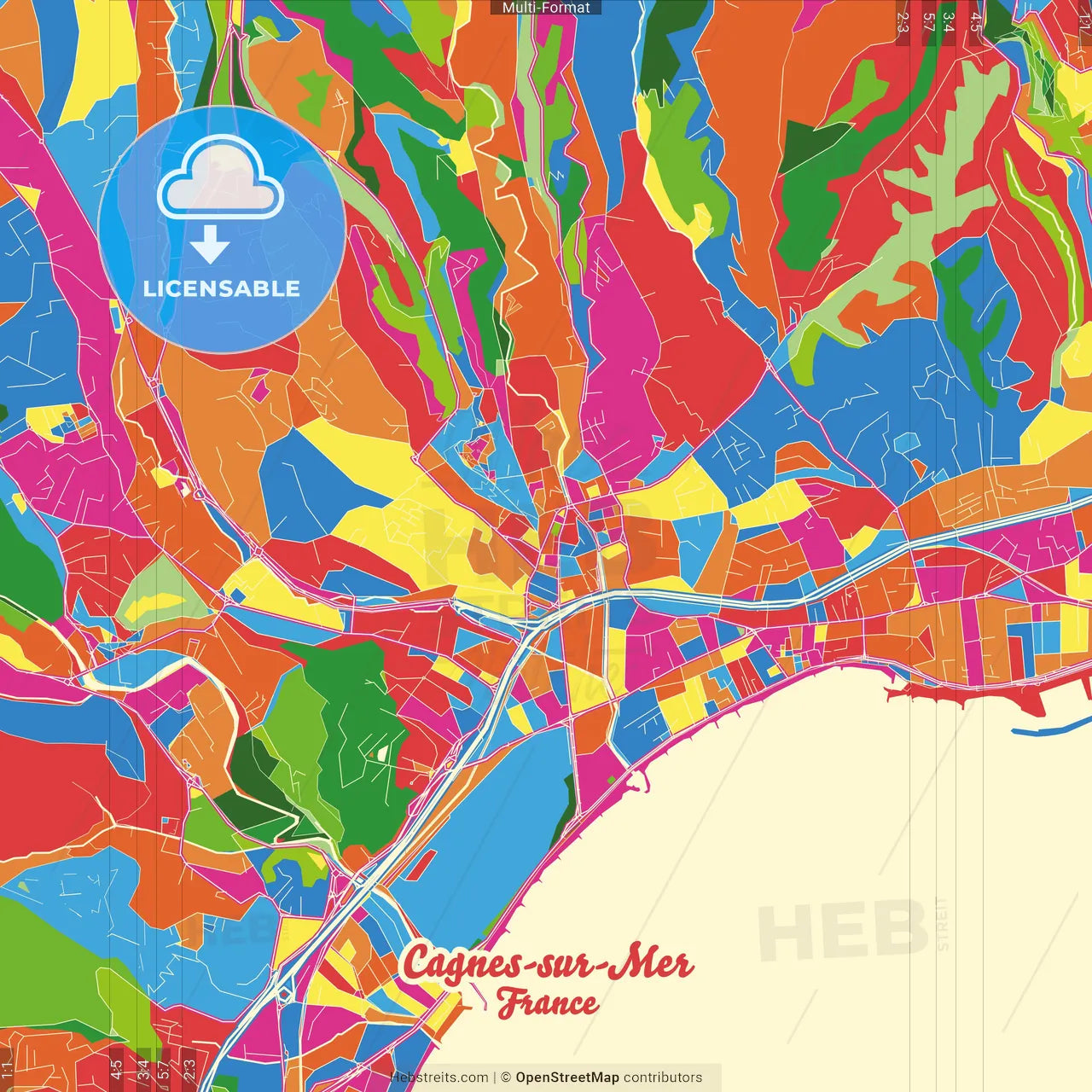 Cagnes-sur-Mer, Alpes-Maritimes, France Crazy Colorful Street Map Poster Template