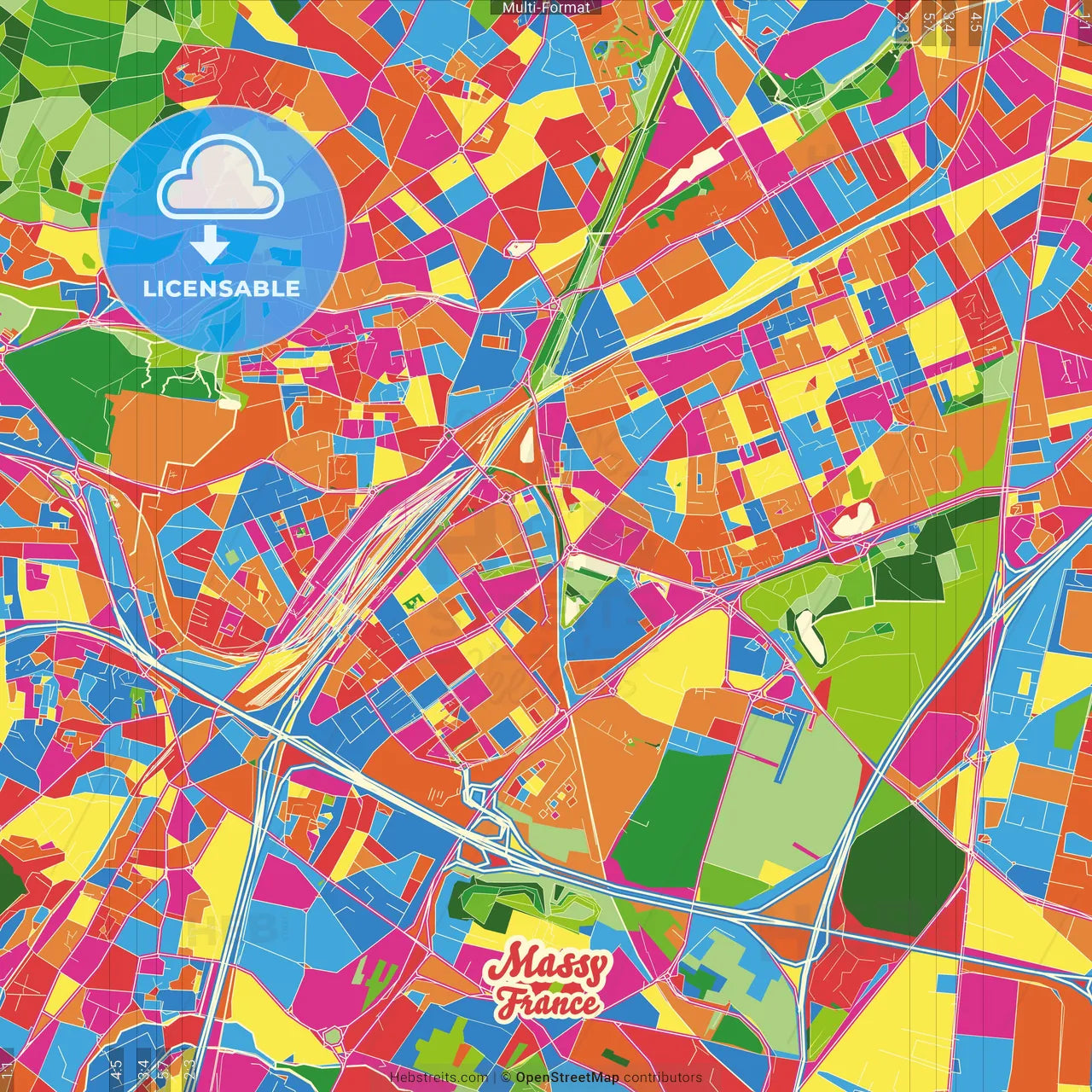 Massy, Essonne, France Crazy Colorful Street Map Poster Template
