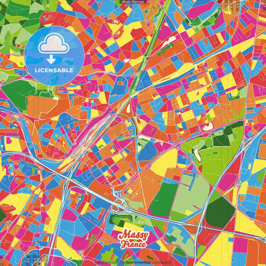 Massy, Essonne, France Crazy Colorful Street Map Poster Template