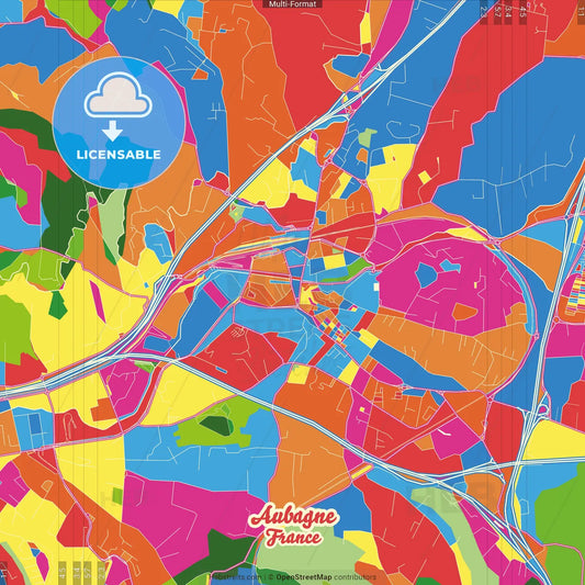 Aubagne, Bouches-du-Rhône, France Crazy Colorful Street Map Poster Template