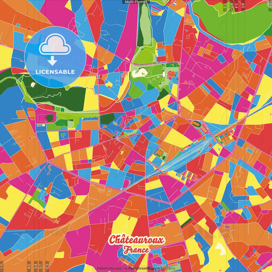 Châteauroux, Indre, France Crazy Colorful Street Map Poster Template
