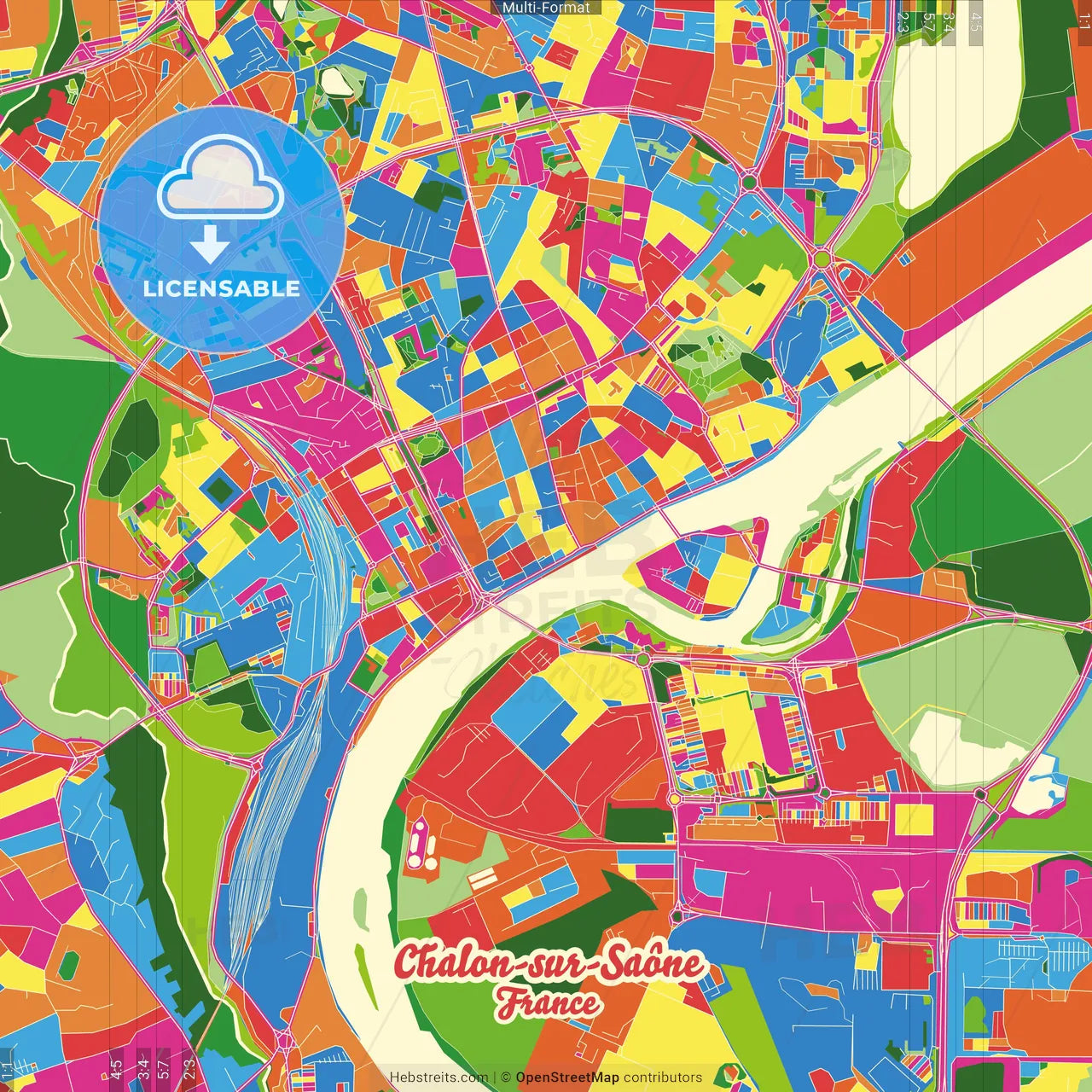 Chalon-sur-Saône, Saône-et-Loire, France Crazy Colorful Street Map Poster Template