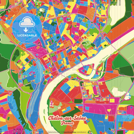 Chalon-sur-Saône, Saône-et-Loire, France Crazy Colorful Street Map Poster Template