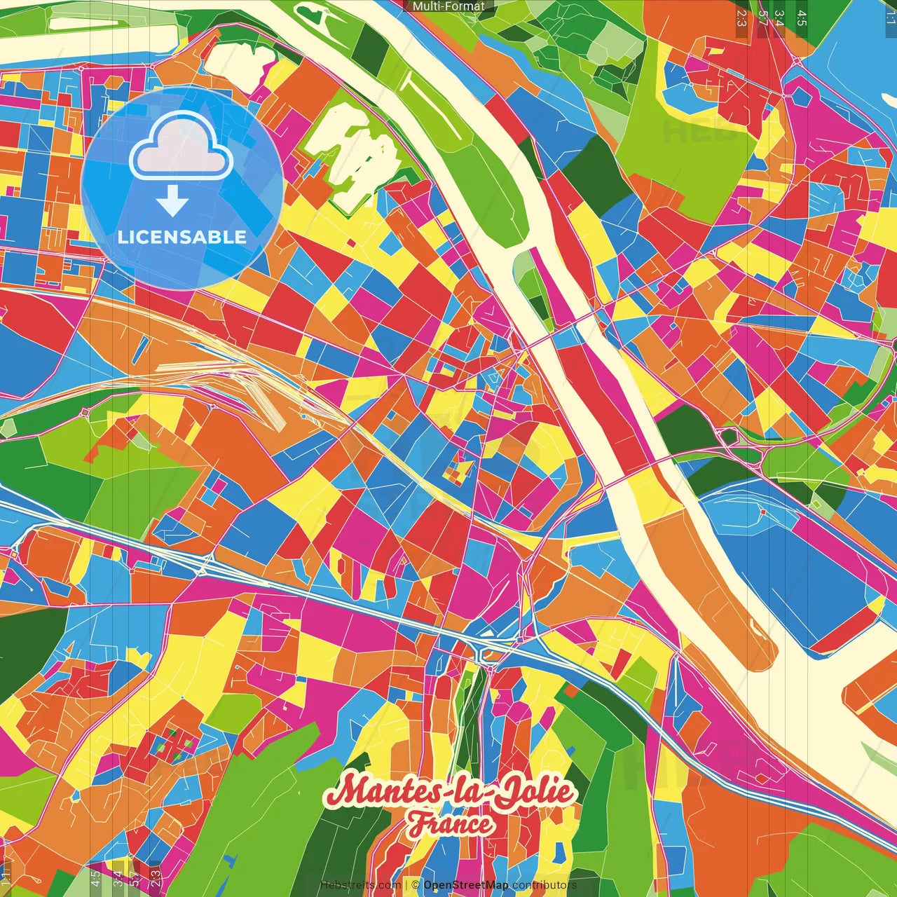 Mantes-la-Jolie, Yvelines, France Crazy Colorful Street Map Poster Template