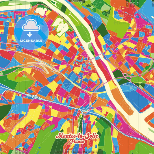 Mantes-la-Jolie, Yvelines, France Crazy Colorful Street Map Poster Template