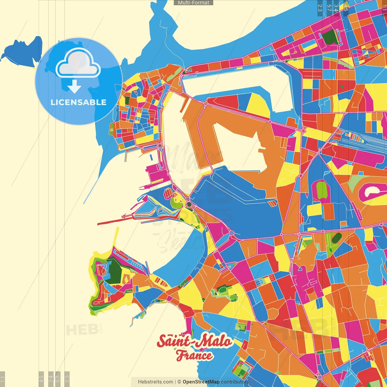 Saint-Malo, Ille-et-Vilaine, France Crazy Colorful Street Map Poster Template