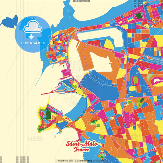 Saint-Malo, Ille-et-Vilaine, France Crazy Colorful Street Map Poster Template