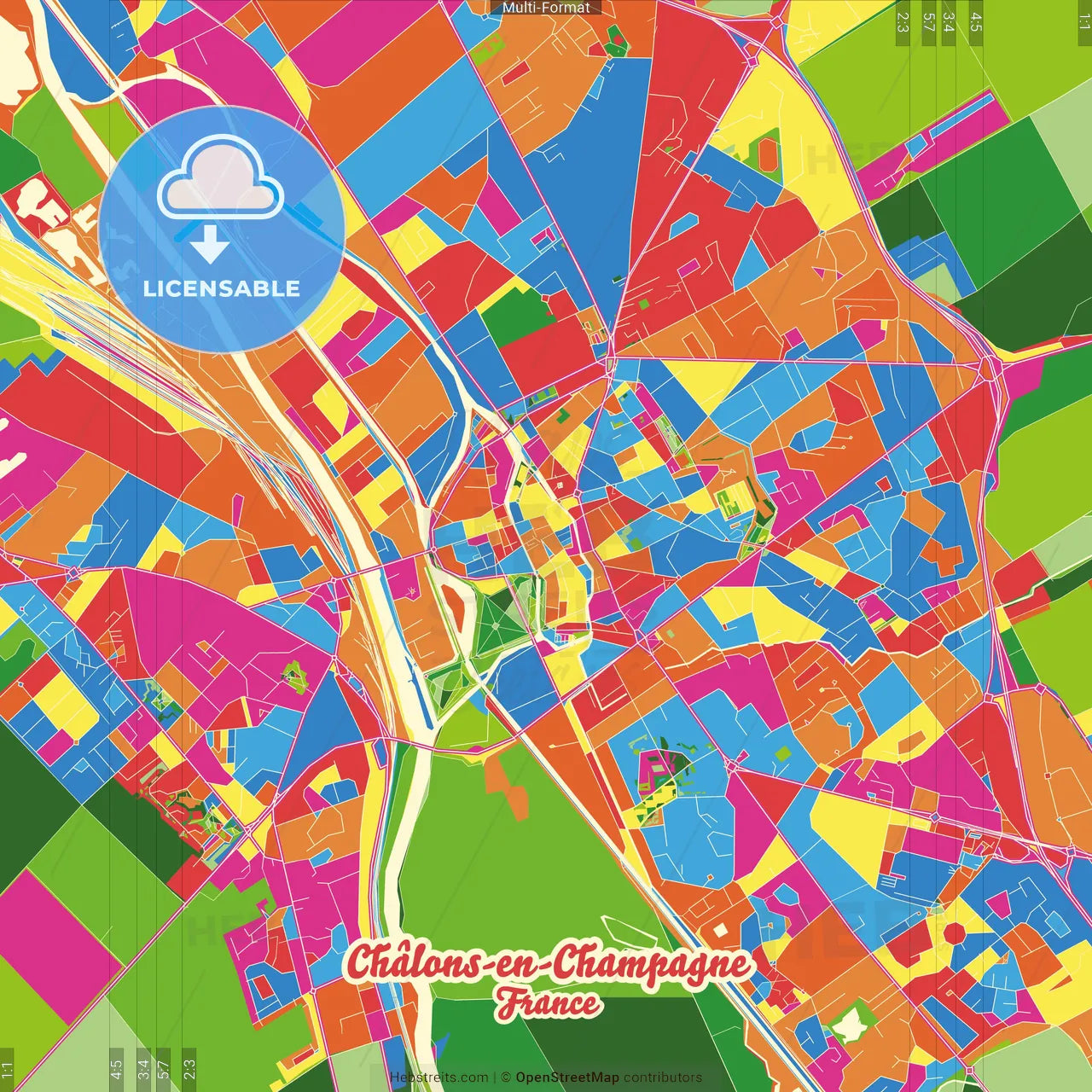 Châlons-en-Champagne, Marne, France Crazy Colorful Street Map Poster Template