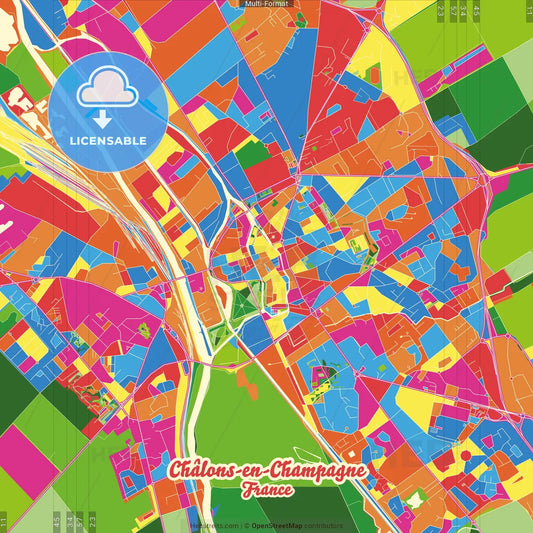 Châlons-en-Champagne, Marne, France Crazy Colorful Street Map Poster Template