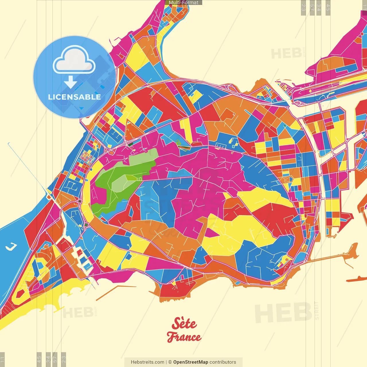 Sète, Hérault, France Crazy Colorful Street Map Poster Template