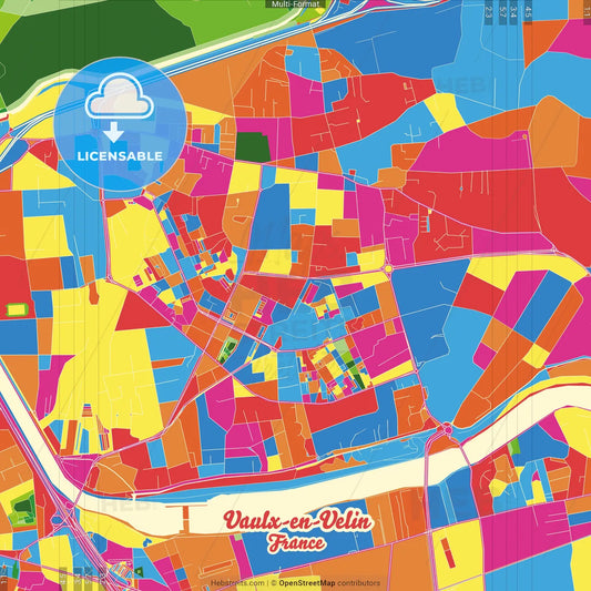 Vaulx-en-Velin, Rhône, France Crazy Colorful Street Map Poster Template
