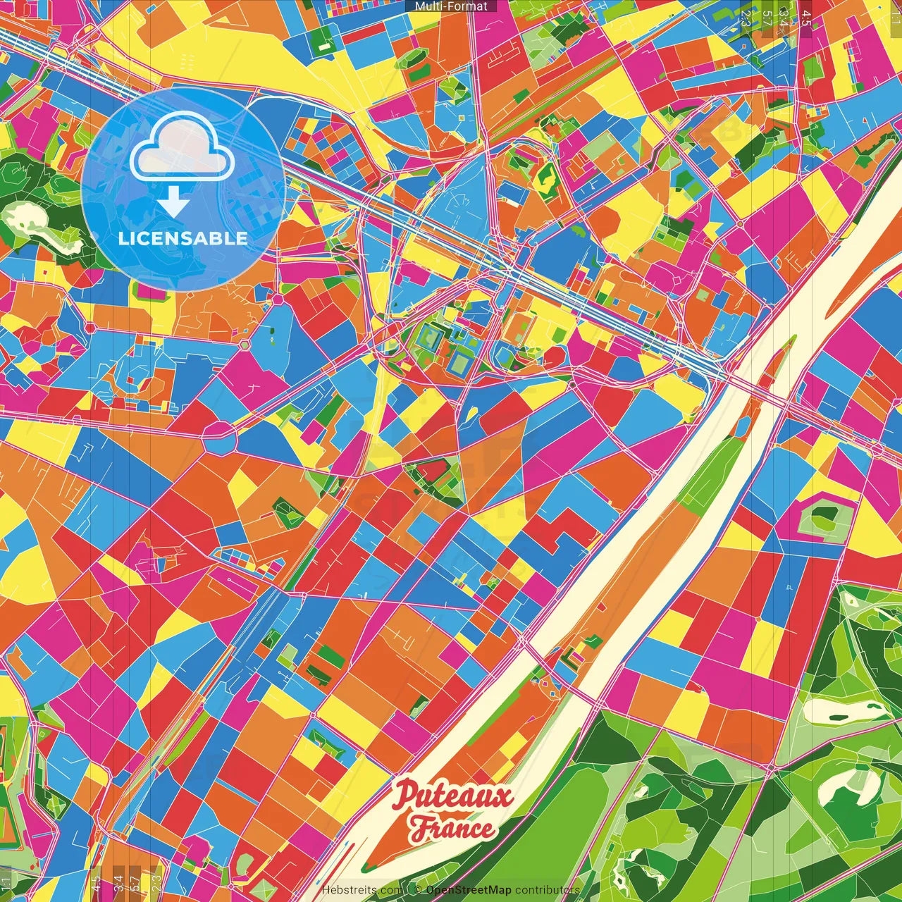 Puteaux, Hauts-de-Seine, France Crazy Colorful Street Map Poster Template