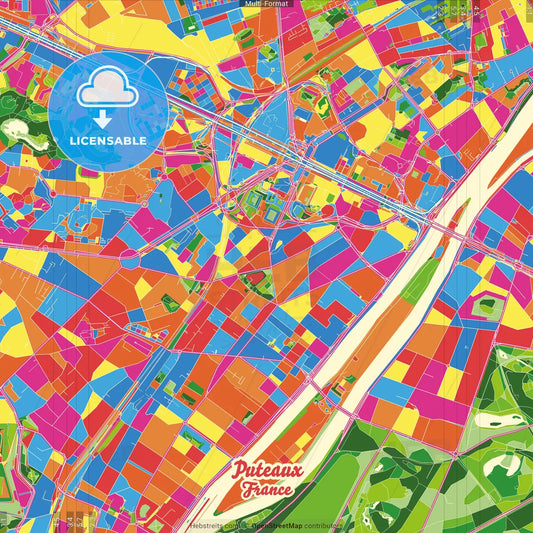 Puteaux, Hauts-de-Seine, France Crazy Colorful Street Map Poster Template