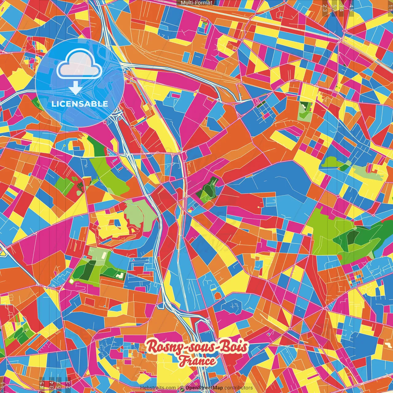 Rosny-sous-Bois, Seine-Saint-Denis, France Crazy Colorful Street Map Poster Template