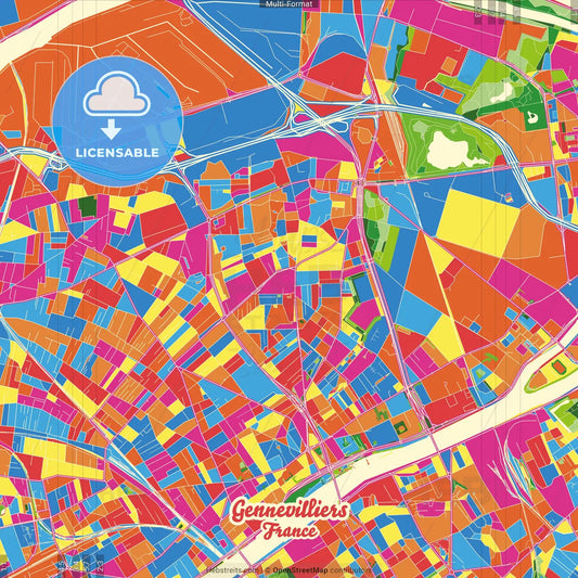 Gennevilliers, Hauts-de-Seine, France Crazy Colorful Street Map Poster Template