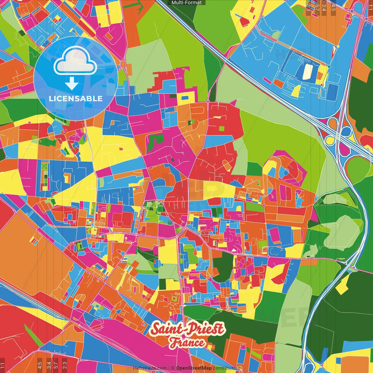 Saint-Priest, Rhône, France Crazy Colorful Street Map Poster Template