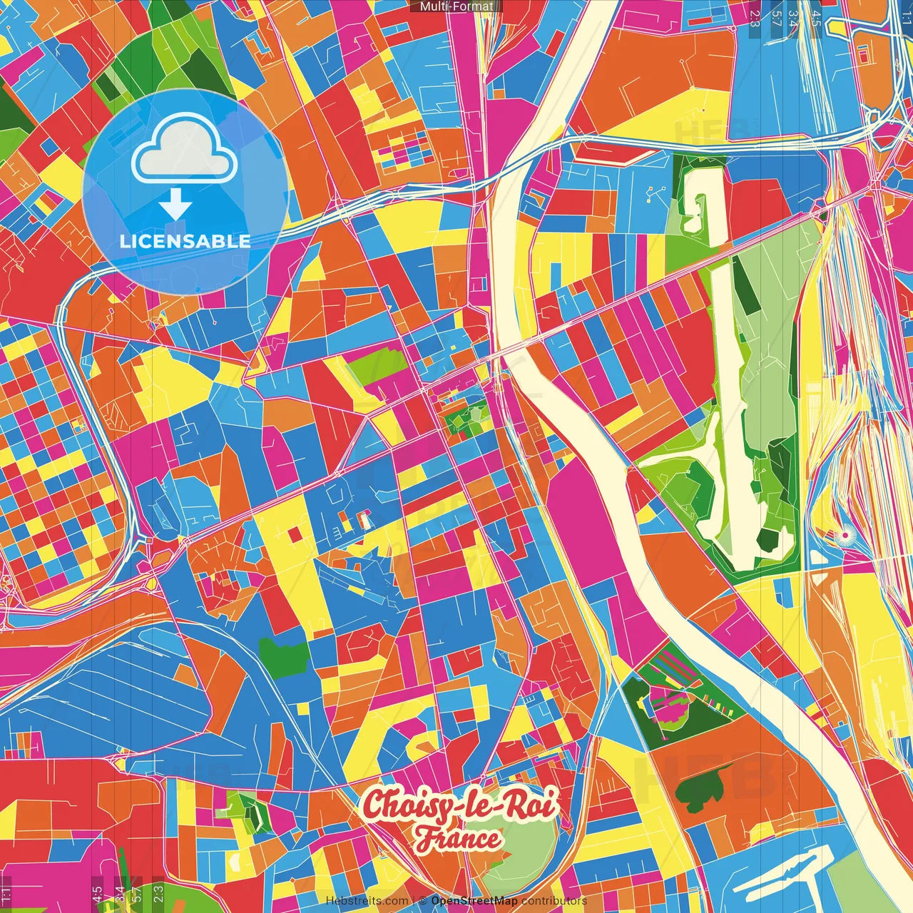Choisy-le-Roi, Val-de-Marne, France Crazy Colorful Street Map Poster Template