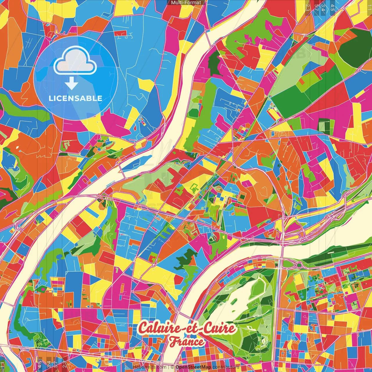 Caluire-et-Cuire, Rhône, France Crazy Colorful Street Map Poster Template