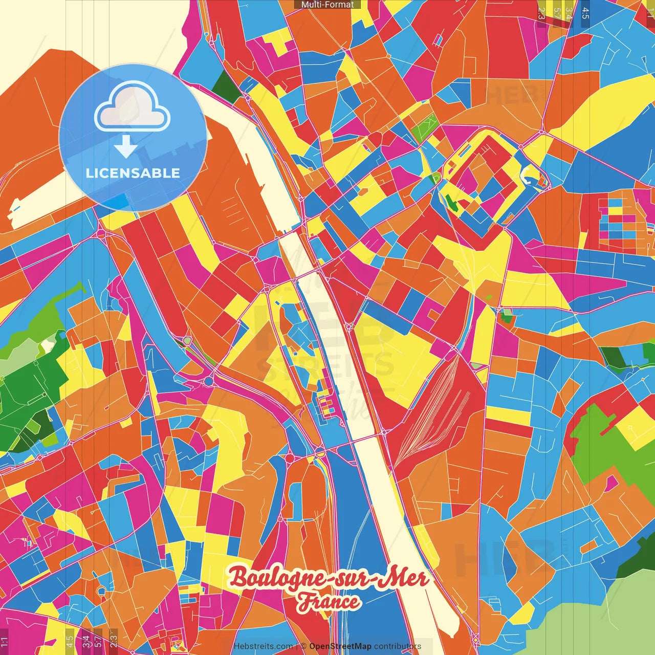 Boulogne-sur-Mer, Pas-de-Calais, France Crazy Colorful Street Map Poster Template