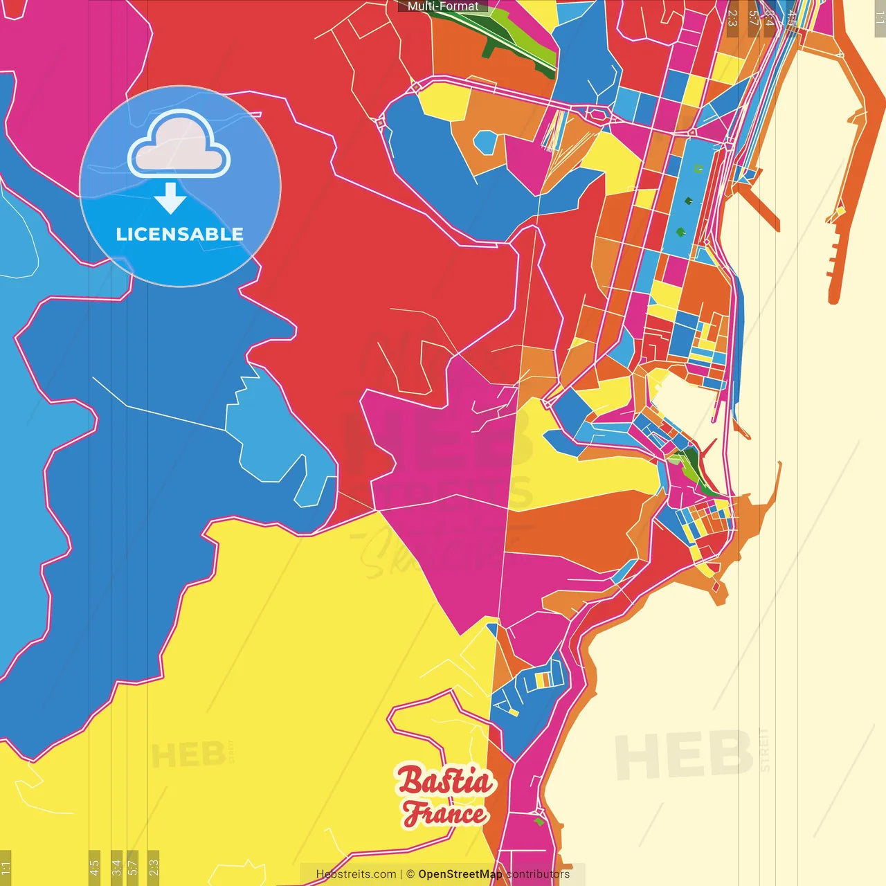 Bastia, Haute-Corse, France Crazy Colorful Street Map Poster Template