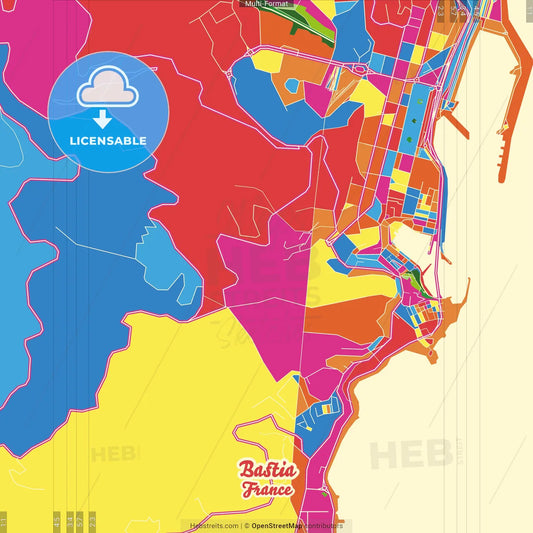 Bastia, Haute-Corse, France Crazy Colorful Street Map Poster Template