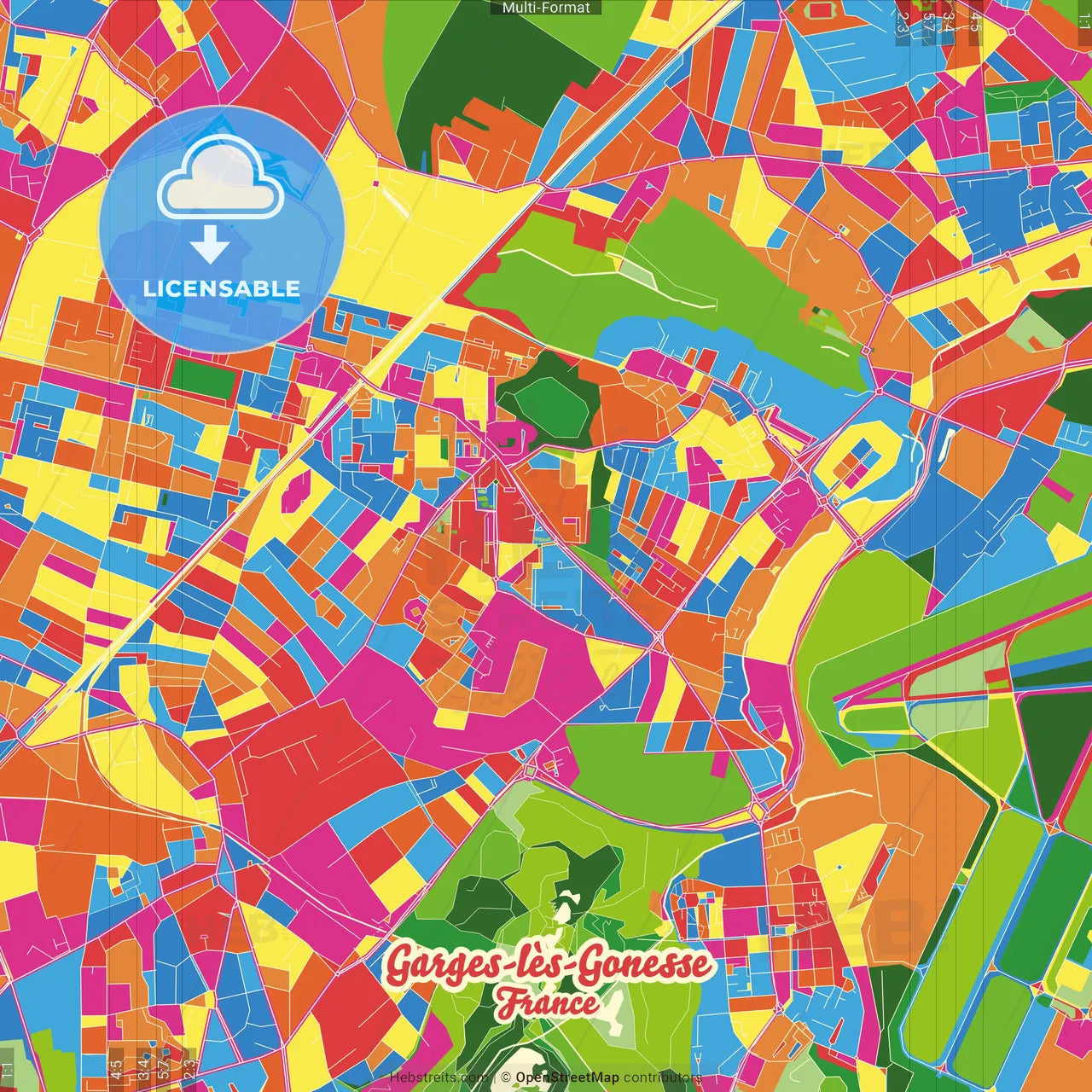 Garges-lès-Gonesse, Val-d Oise, France Crazy Colorful Street Map Poster Template